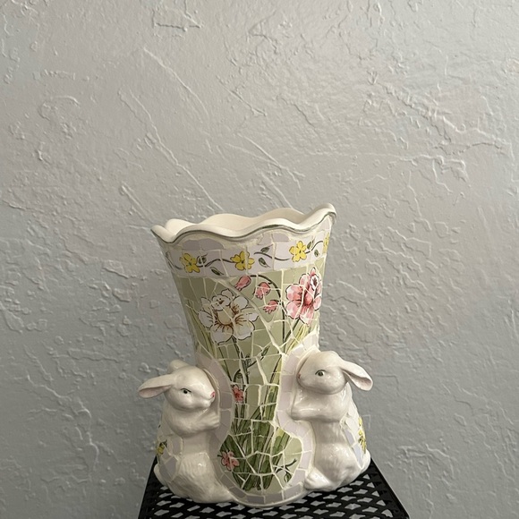Vintage broken china mosaics Rabbits Floral vase - Picture 10 of 15
